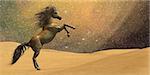 A stallion rears in a desert underneath a night sky full of stars.