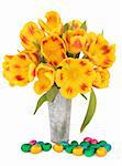 Chocolate easter egg group with red and yellow striped tulip flower arrangement in an aluminium vase over white background.