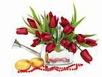 Tulip flower arrangement in a metal watering can with golden easter egg group and red bead chain over white background.