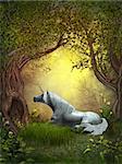 A squirrel watches a white unicorn resting under branches of forest trees.