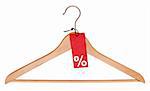 Red Tag With Percentage Symbol Hanging on Wooden Hanger - With Clipping Path