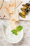 fresh Greek Tzatziki yogurt dip and pita bread and pickels