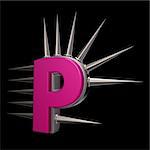 letter p with metal prickles on black background - 3d illustration