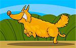 Cartoon Illustration of Funny Running Shaggy Dog against Rural Scene