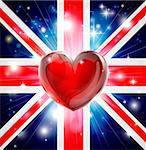 Union Jack patriotic background with pyrotechnic or light burst and love heart in the centre