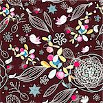 Seamless floral pattern with birds in love on burgundy background