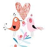 Bright fun pink love birds on a white background with a heart and berries