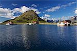 Fishing boats on norwegian coast on sunny day during arctic summer on Lofoten islands