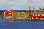 Typical red rorbu huts with sod roof in town of Reine on Lofoten islands in Norway