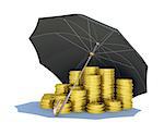 Black umbrella covers gold coins. Isolated render on a white background