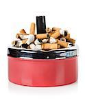 Cigarettes and old metal ashtray isolated on white background