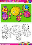 Coloring Book or Page Cartoon Illustration of Easter Little Chick or Chicken hatched from Egg and Painted Easter Eggs