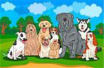 Cartoon Illustration of Funny Purebred Dogs or Puppies Group against Rural Landscape with Blue Sky