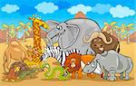 Cartoon Illustration of Funny Safari Wild Animals Group against Blue Sky and African Landscape
