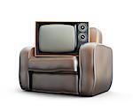 home old leather armchair tv isolated at white background