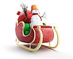 santa sleigh and Santa's Sack with Gifts snowman on a white background