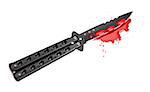 A blood covered butterfly knife and pool of blood isolated on a white background.