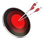 Three red arrows hitting the center of a red target or dart, white background, concept of achieving objectives