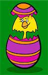 Cartoon Illustration of Funny Little Yellow Chicken or Chick in Colorful Eggshell of Easter Egg