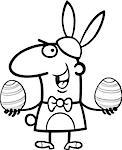 Black and White Cartoon Illustration of Funny Man in Easter Bunny Costume with Easter Egg in his Hands for Coloring Book