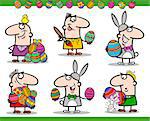 Cartoon Illustration of Happy Men Easter Themes with Bunny, Chicken or Chick and Colored Eggs
