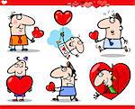 Cartoon Illustration of Happy Men Valentines Day or Love Themes with Heart, Valentine Cards, Balloon and Candy