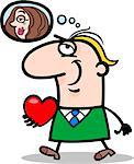 Cartoon Illustration of Funny Man Walking with his Valentine and thinking about Women he love for Valentines Day