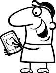 Black and White Cartoon Illustration of Funny Man Reading Love Message or Valentine on his Tablet PC for Valentines Day