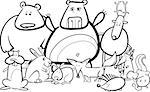 Black and White Cartoon Illustration of Funny Forest Wild Animals like Bears, Hedgehog, Deer, Hare and Fox for Coloring Book