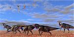 A herd of Parasaurolophus dinosaurs migrate through a desert searching for better vegetation.
