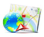 Vector illustration of global navigation concept with blue glossy earth globe and city map