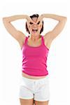 Portrait of Young Woman wearing Tank Top and Shorts making Mask with Fingers in Studio