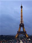 Overview of the Eiffel Tower with Traffic with Overcast Sky in the Evening, Paris, France
