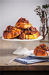 Platter of sticky buns on table