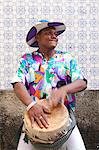 South America, Brazil, tambor drummer from the Tambor de Crioula group Catarina Mina, in the streets of Sao Luis MR