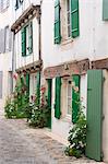 France, Charente Maritime, Ile de Re. Hollyhocks grow outside the houses in a quiet side street in St Martin.