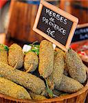 France, Provence, Arles, market, Herbs and sausages