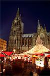 Cologne, North Rhine Westphalia, Germany, The Cathedral and the Christmas market beneath