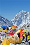 Asia, Nepal, Himalayas, Sagarmatha National Park, Solu Khumbu Everest Region, Indian climbers praying for a safe expedition at Everest base camp