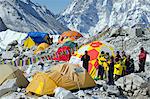 Asia, Nepal, Himalayas, Sagarmatha National Park, Solu Khumbu Everest Region, Indian climbers praying for a safe expedition at Everest base camp