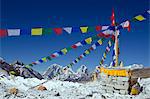 Asia, Nepal, Himalayas, Sagarmatha National Park, Solu Khumbu Everest Region, tents and prayer flags at Everest Base Camp