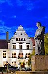 Poland, Europe, Poznan, concert hall and statue of Adam Mickiewicz , 19th century Polish romantic poet,