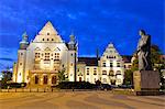Poland, Europe, Poznan, concert hall and statue of Adam Mickiewicz , 19th century Polish romantic poet,