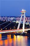 Europe, Slovakia, Bratislava, Novy Most Bridge and UFO viewing platform, Danube River