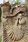 Spain, Galicia, Camino Frances, The symbol of the shell with the Santiago inscription on a slabstone