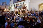 El Rocio, Huelva, Southern Spain. Believers attending the feast in front of the main church in the village of El Rocio during the annual Romeria