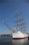 Gothenburg, Sweden. The floating Hotell Liseberg Barken Viking sits on the Gota Alv running through the centre of the city.