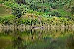 A man paddles his dugout canoe along the shore of Lake Mutanda, Uganda, Africa