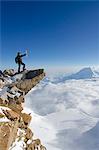 USA, United States of America, Alaska, Denali National Park, Mt Huntington , 4257m, and climber on Mt McKinley 6194m, highest mountain in north America , MR,