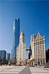 USA, Illinois, Chicago. Marilyn Monroe Statue on Michigan Avenue with the Wrigley Building behind.